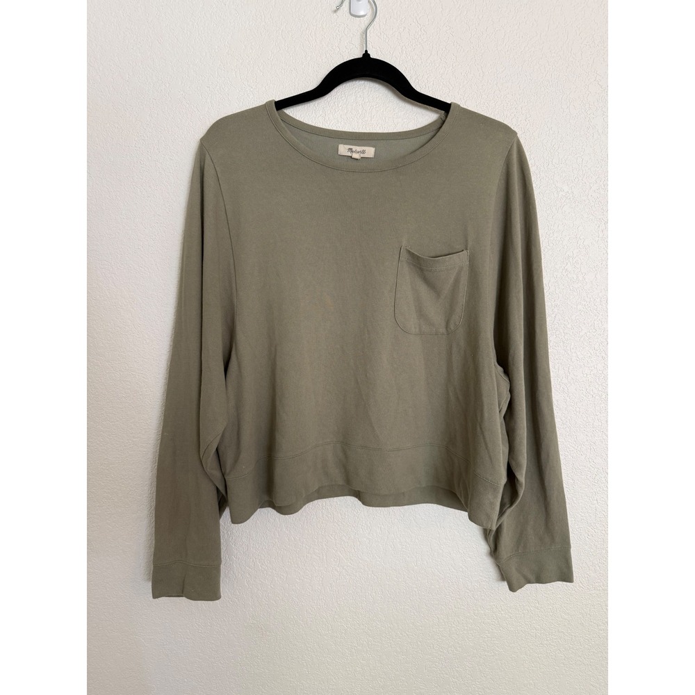 Madewell Olive Green Long Sleeve Pocket Tee Relaxed Crop Top Size L